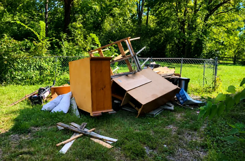 A driveway in Columbia, MO piled high with old furniture, mattresses, and household junk before pickup.