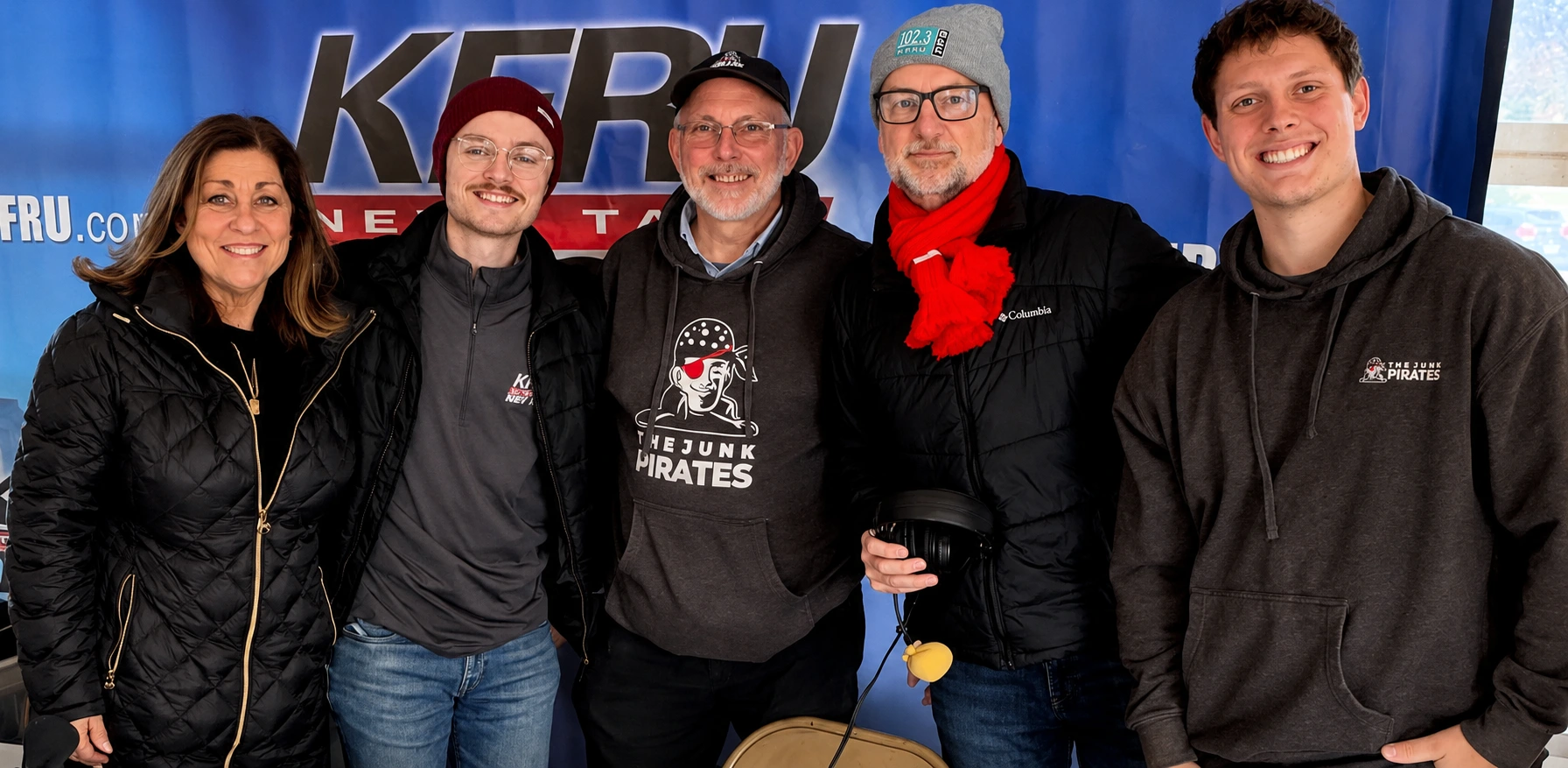 The Junk Pirates crew with friends at the KFRU news talk radio booth in Columbia, MO.